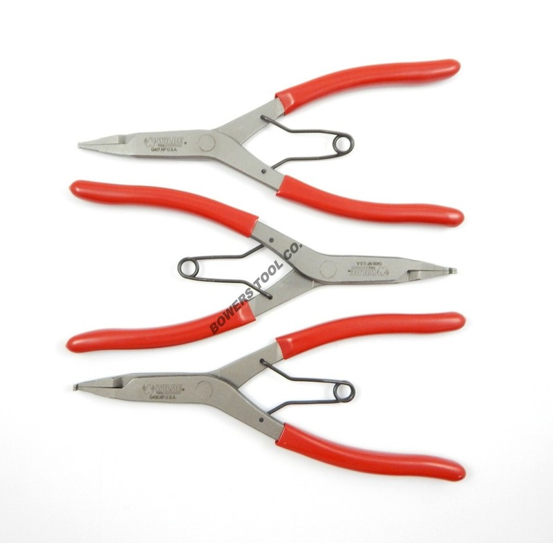 Wilde Lock Ring Pliers Set 3pc Straight Right Angle Thin Bent Curved 9" USA Made gallery
