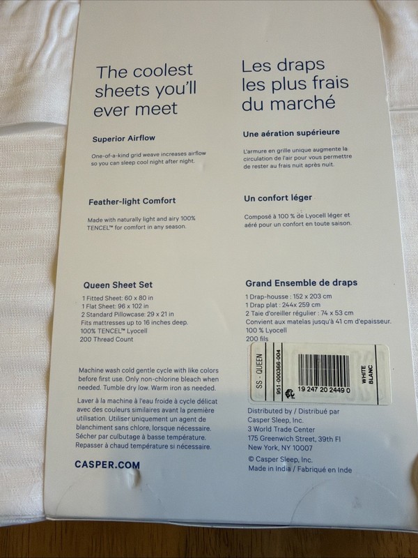 Casper Hyperlite Cooling Grid Weave 100% Lyocell WHITE 4pc QUEEN Sheet Set NWT! gallery