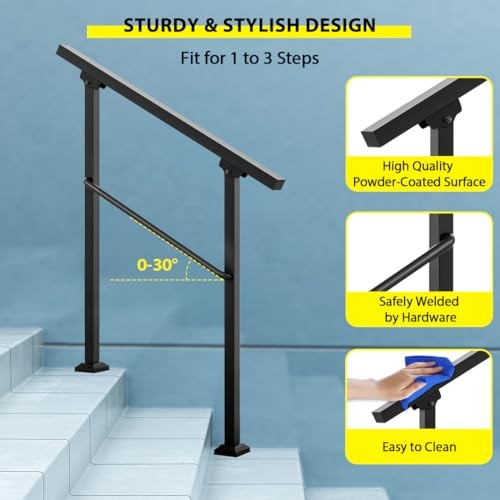 Handrails for Outdoor Steps, 3 Step Hand Rail Fit 2 or 3 Steps 3 steps Black gallery