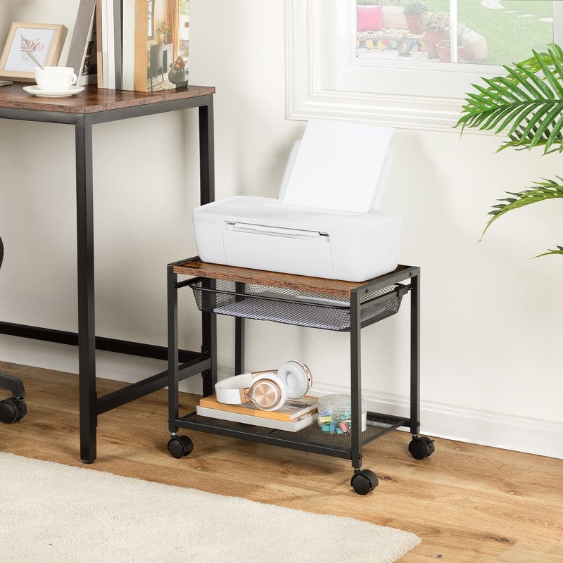 Rustic Brown 2Tier Under Desk Printer Stand Mobile Cart Wheels BF12PS01 gallery