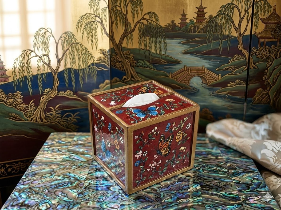 Vintage Handmade in Peru Butterfly Floral Wooden Tissue Box Cover Red Asian gallery