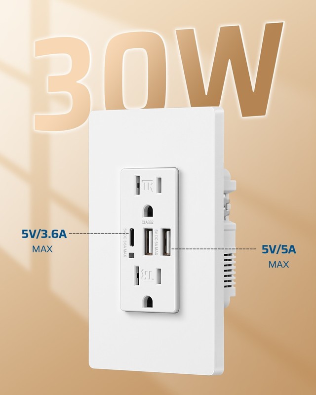 DEWENWILS 1 Pack USB Outlet, 3-Port USB C Wall Outlet (2 USB A & 1 USB C), 30W gallery