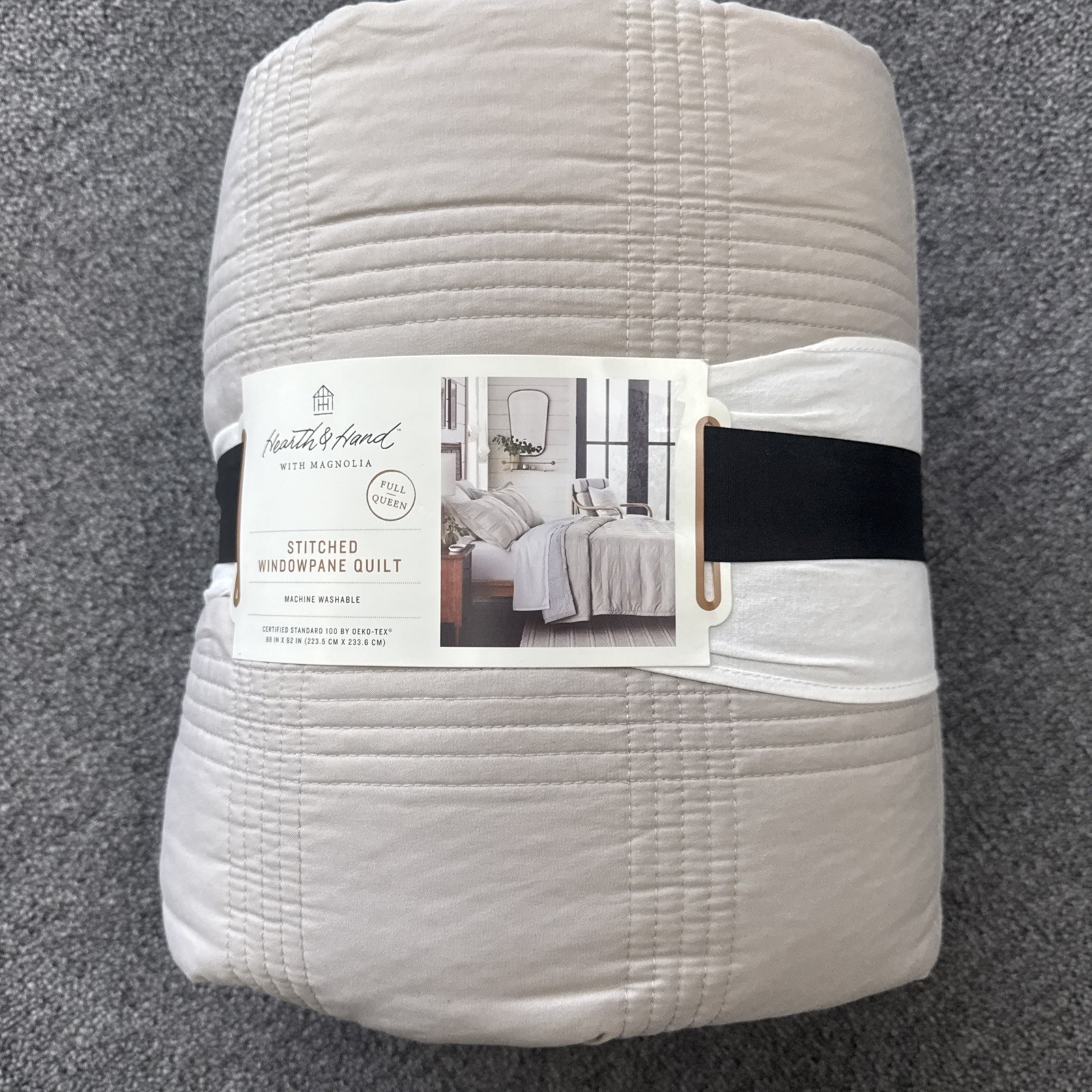 Full/Queen Grid Stitched Quilt Taupe/Green/Cream - Hearth & Hand with Magnolia gallery