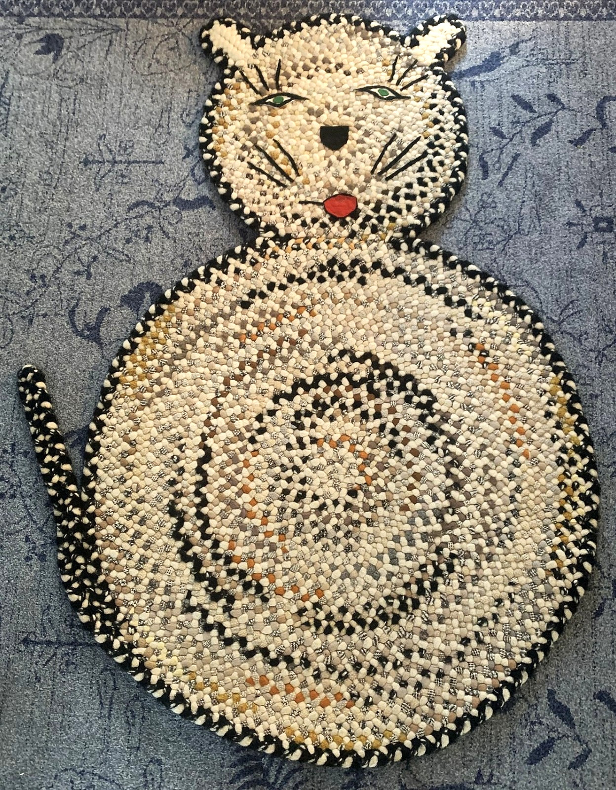 Very Unique Thick Vintage Hand Braided 57" Cat Design Area Rug gallery