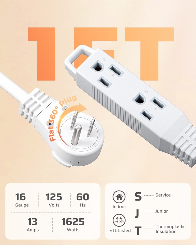 DEWENWILS 2-Pack 1FT Short Flat Plug Extension Cord 360° Rotating Power Strip gallery