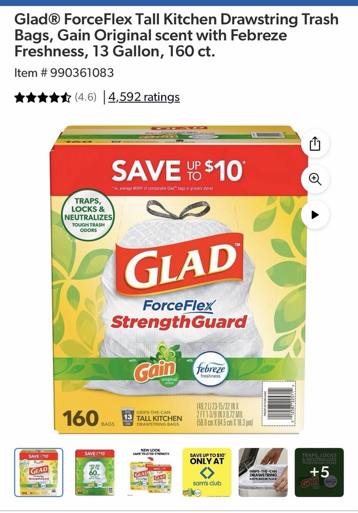 Glad ForceFlex 13-Gallon Kitchen Trash Bags, Gain Original Scent + Febreze, 160
