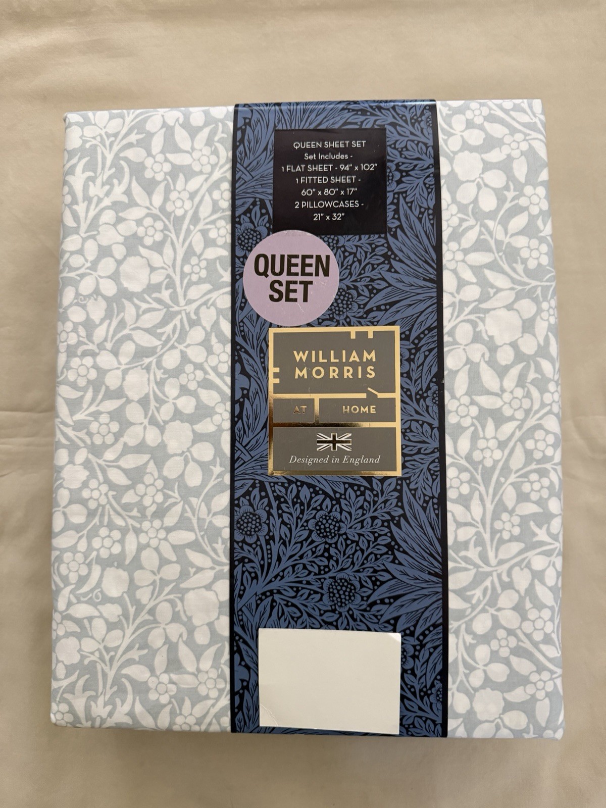 NEW 4pc William Morris England Queen Sheet Set TONAL CLOVER - SOFT BLUE & White gallery