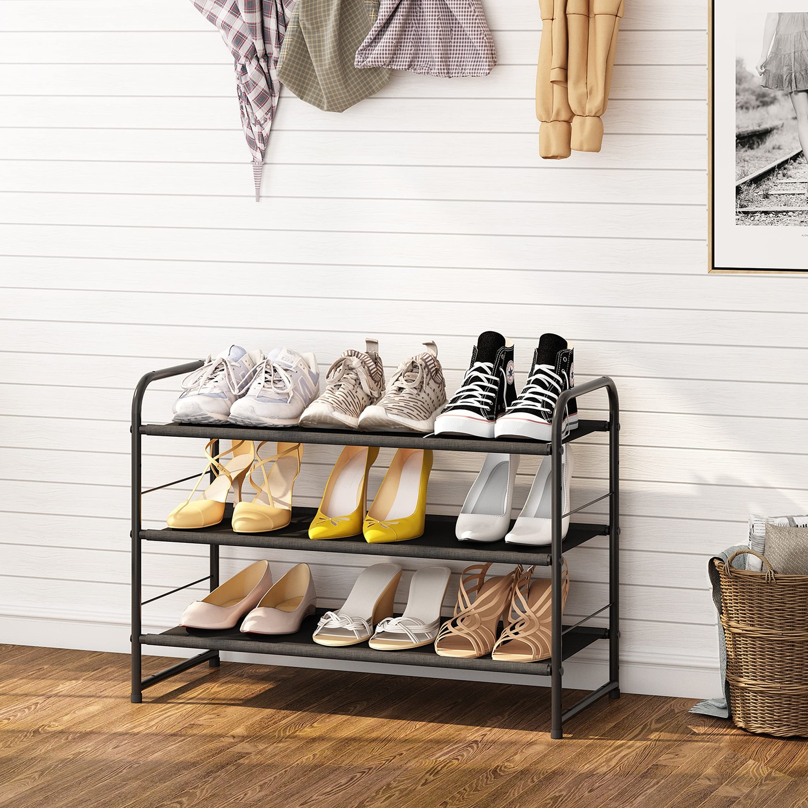 Simple Trending 3 Tier Stackable Shoe Rack, Expandable 3 Tiers, Black, Black gallery