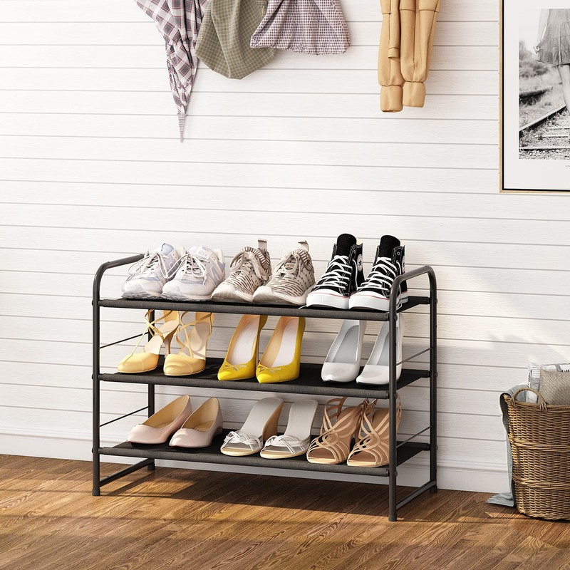 Simple Trending 3 Tier Stackable Shoe Rack, Expandable 3 Tiers, Black, Black gallery
