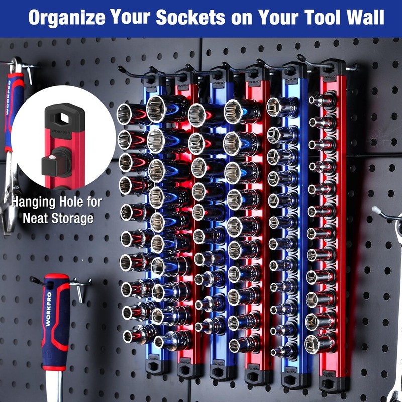WORKPRO Magnetic Socket Organizer Sets 6-Piece Aluminum Alloy Socket Rail Holder gallery