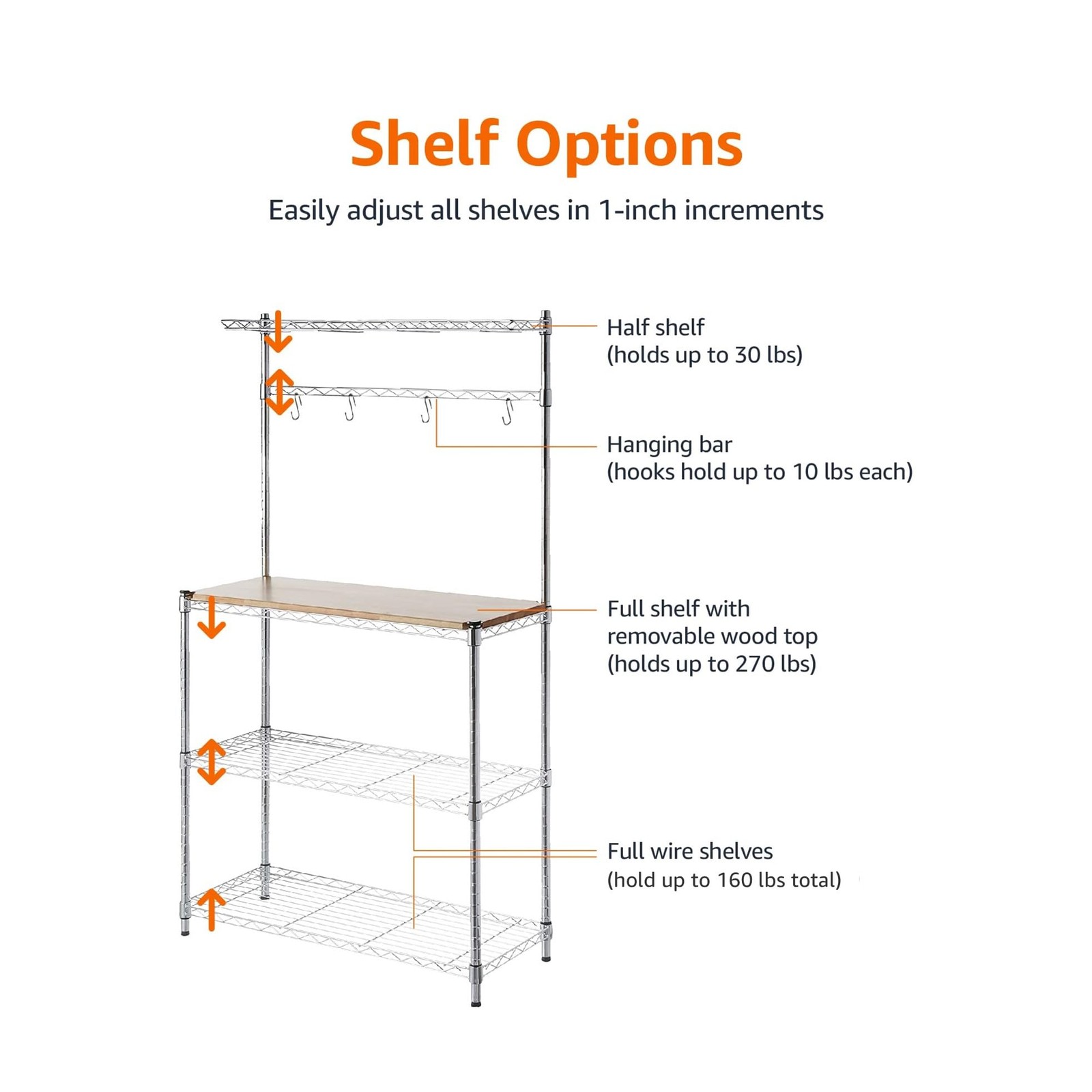 3 Tier Kitchen Bakers Rack with Storage, Removeable Top, Wood/Chrome, 14 D x gallery