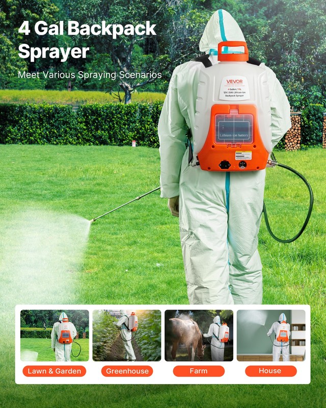 VEVOR Battery Powered Backpack Sprayer 4 Gal Tank 0-90 PSI Adjustable Pressure gallery