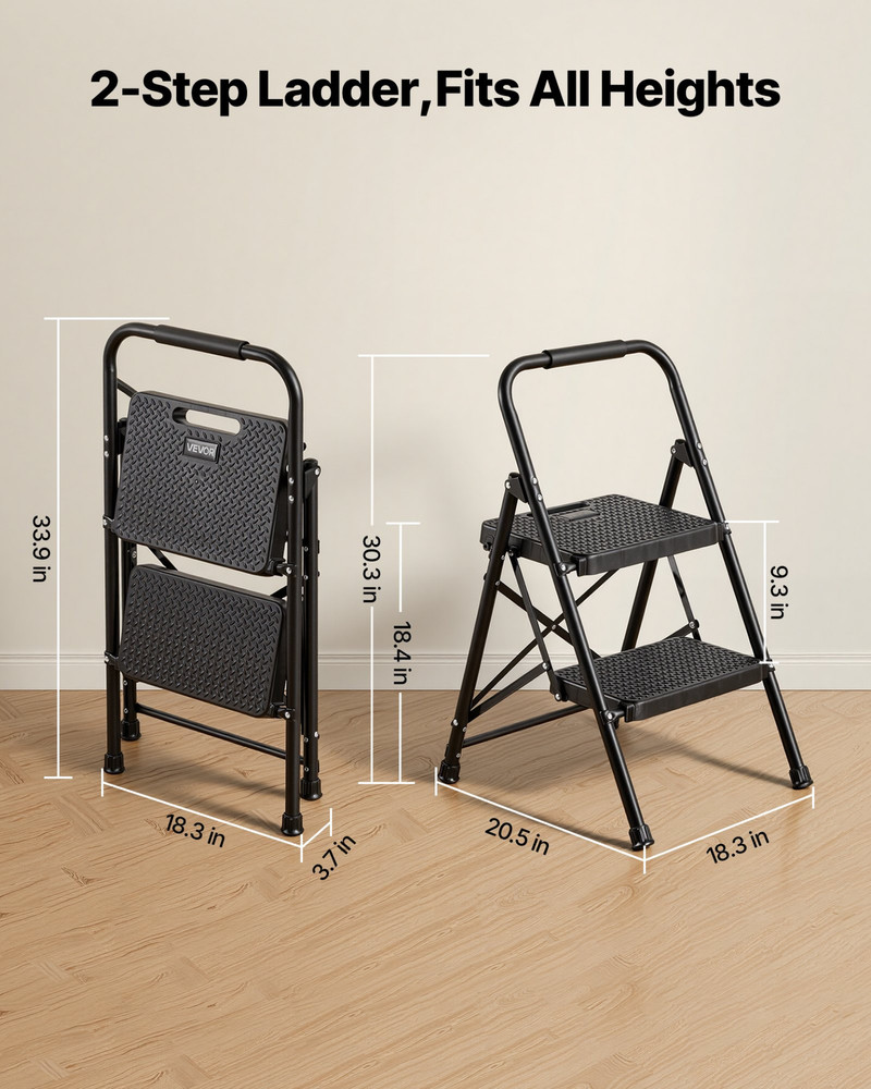 VEVOR 2 Step Ladder, Folding Step Stool with Wide Anti-Slip Pedal and Comfort Ha
