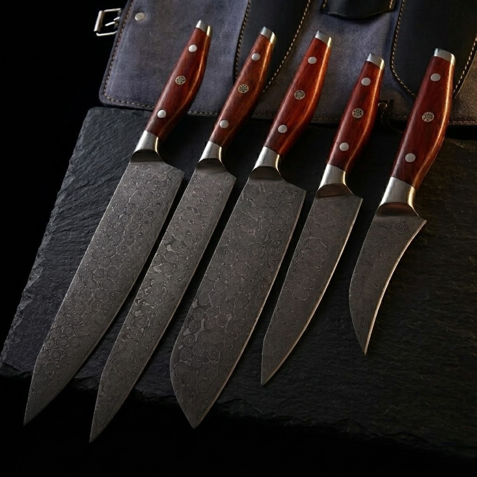 Damascus Chef Knife Set Handmade Forged Steel Kitchen Knives Set Rosewood 5 Pcs gallery