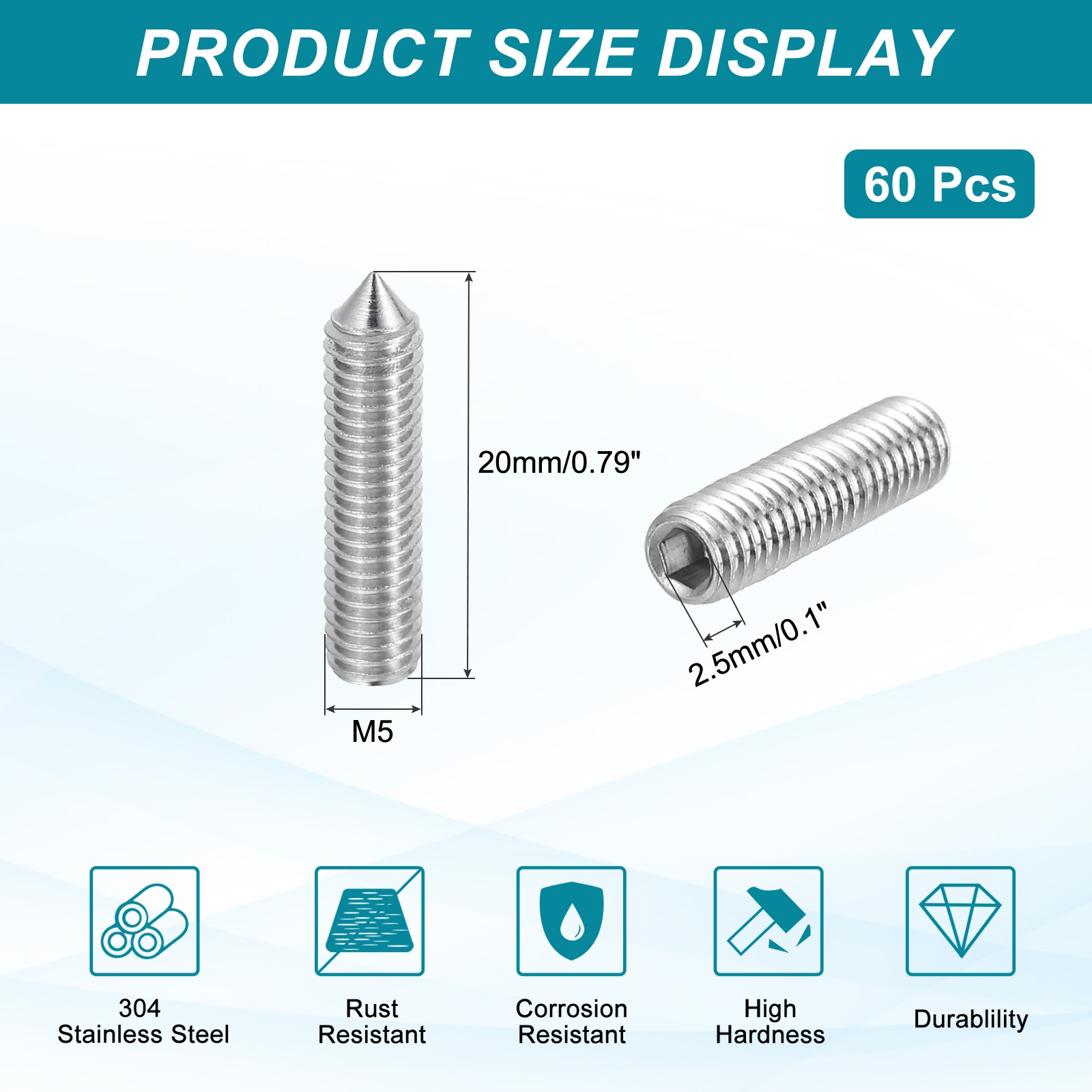 60Pcs M5x20mm Set Screws, 304 Stainless Steel Cone Point Hex Socket Grub Screw gallery