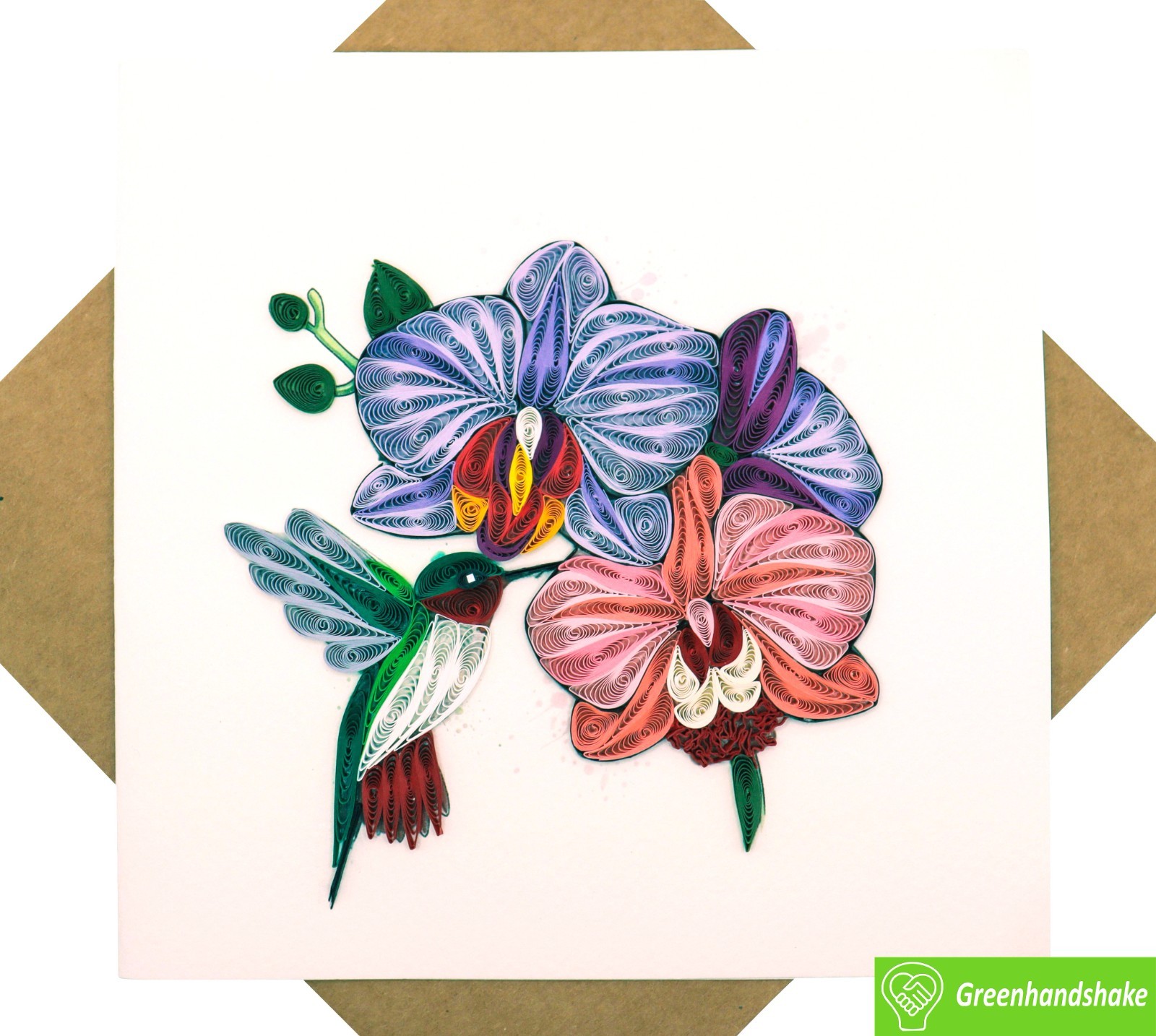 Orchid Serenity with Hummingbird, Quilling Greeting Card, Dedicated Handmade Art gallery
