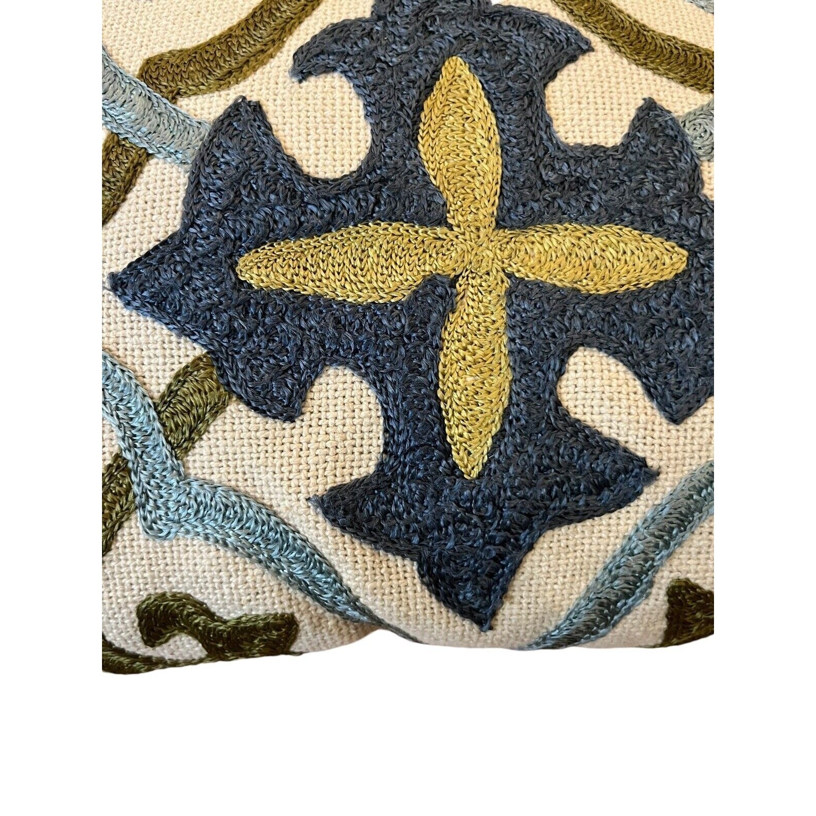 Pier One Imports Toss Pillow Embroidery Like Decor 17x17” Blue Green Beige Olive gallery