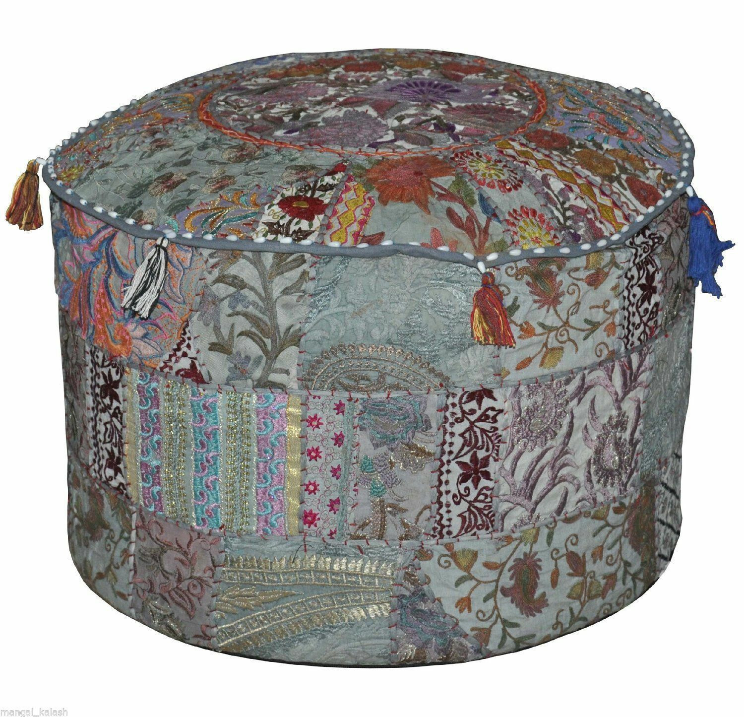 Patchwork Round Foot Stool New Indian Cotton Vintage Ottoman Pouf Cover Handmade gallery