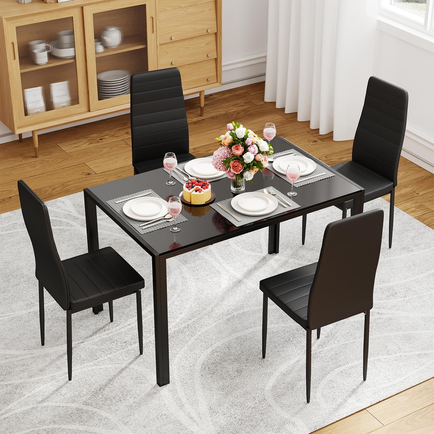 | Dining Table Set for 4 | 5-Piece Glass Black Dining Table | Kitchen Table w... gallery