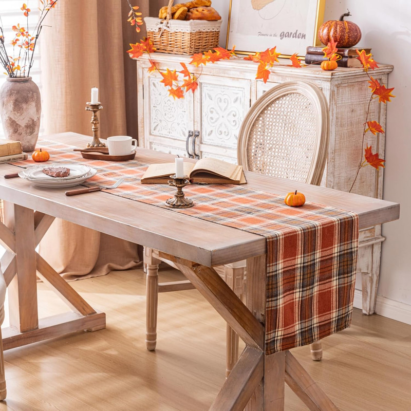 Plaid Fall Thanksgiving Table Runner, Autumn Holiday Rust Orange Table Runners 7 gallery