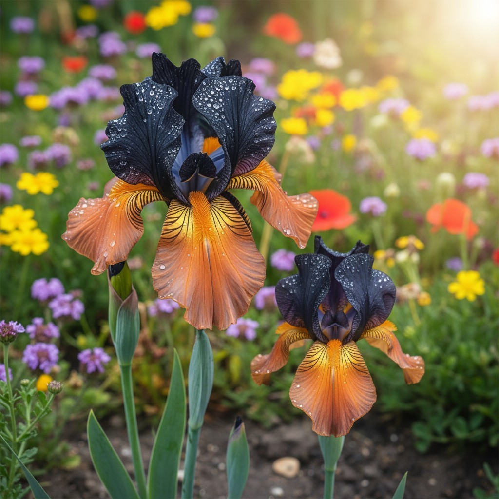 30 Sunset Midnight Bearded Iris Seeds – Orange & Deep Purple Ruffled Blooms gallery