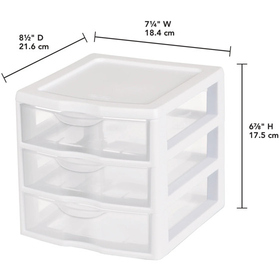 Sterilite Small 3 Drawer Unit, Clear Plastic Countertop or Desktop Drawers,White gallery