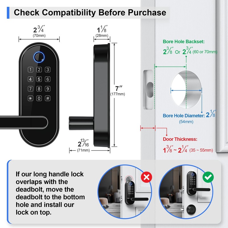 Bluetooth Fingerprint Smart Lock with Handle & Keypad – Fits Most US Black gallery