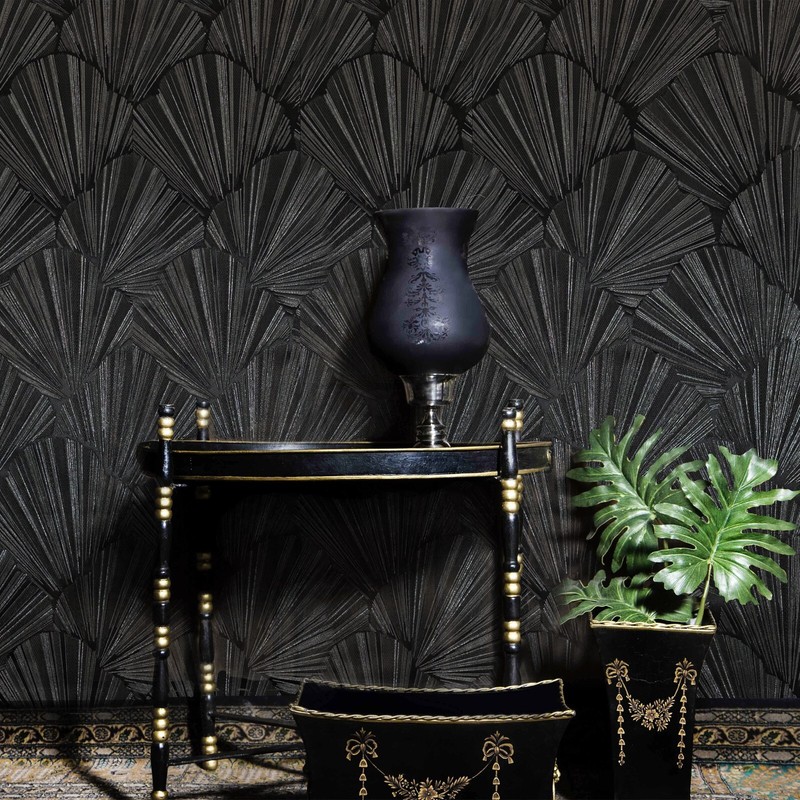 Modern charcoal black gray silver shell art deco faux fabric textured Wallpaper gallery
