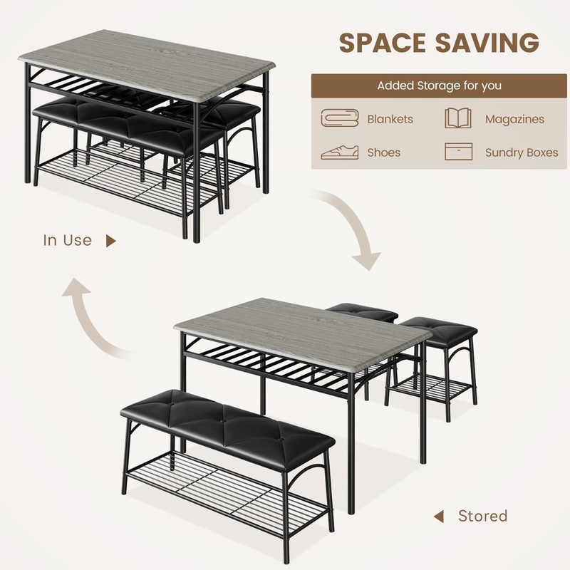 Dining Set Table with Wine Rack and 2 Upholstered Stools Bench for Small Kitchen gallery