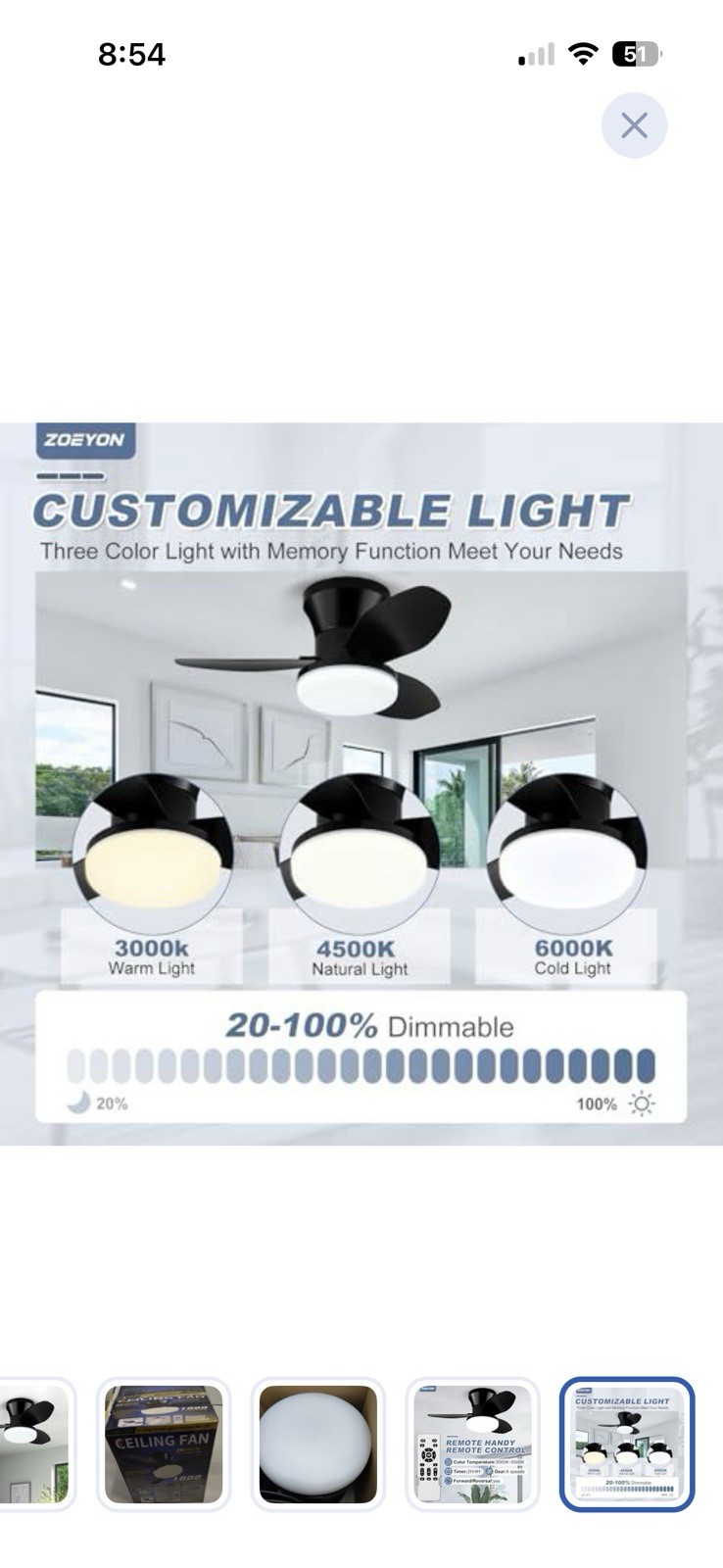 ZOEYON 26" Black Ceiling Fan LED Light Remote 6 Speeds 3000K-6500K Dimmable gallery