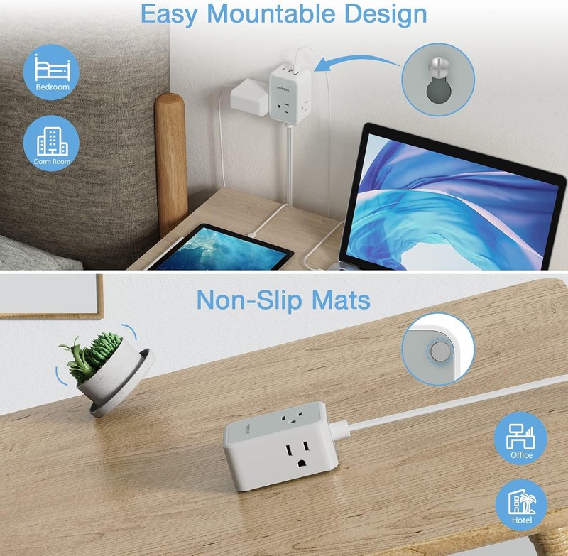 Thin Flat Plug Power Strip with USB 3 Outlet Slim 10ft Cord Portable for Travel gallery