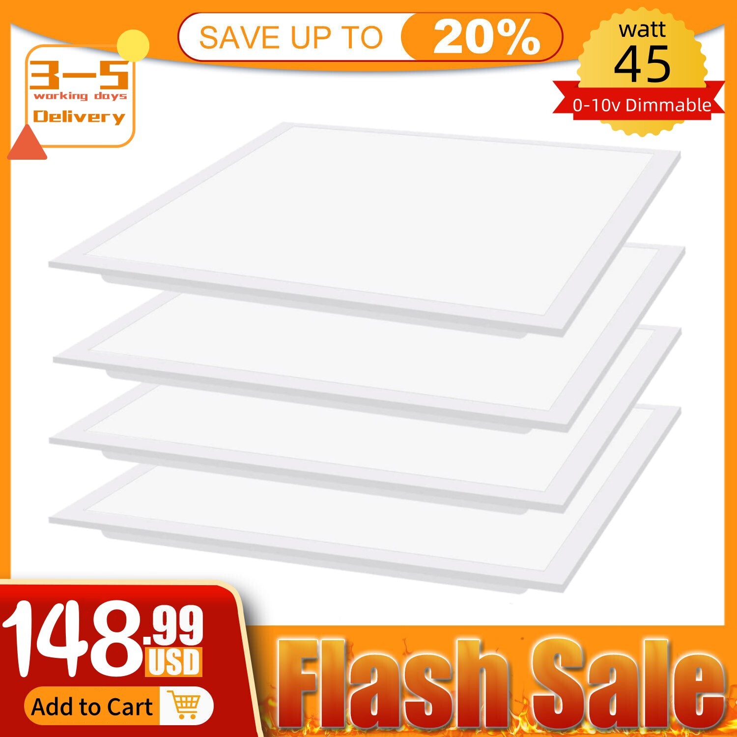 24X24 inch LED Flat Panel Light Troffer Ceiling Lights 2x4FT 75W, 0-10V Dimmable gallery