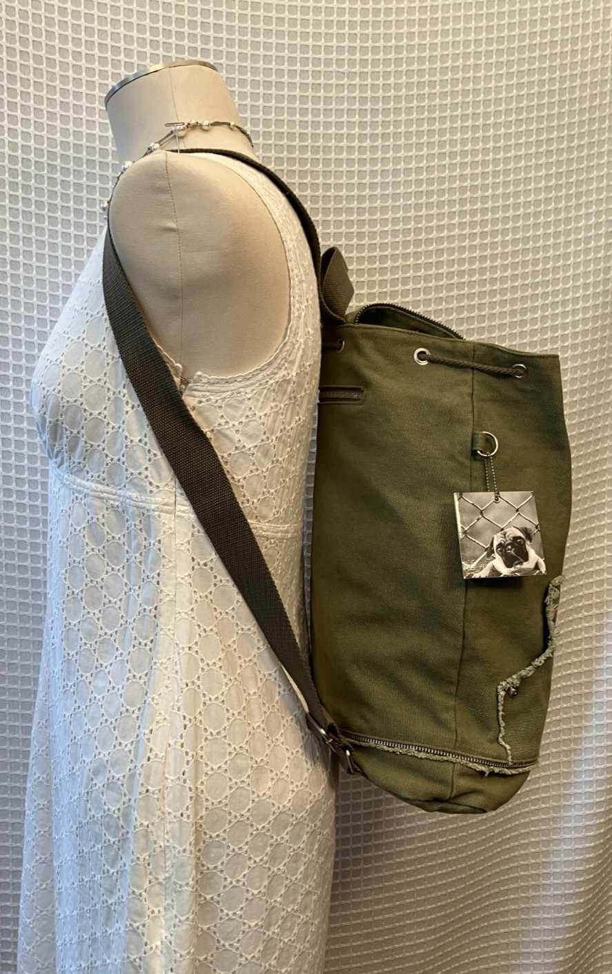 FUZZYNATION Backpack, Pug, Army Green Canvas with Tag, Pre-Owned 2