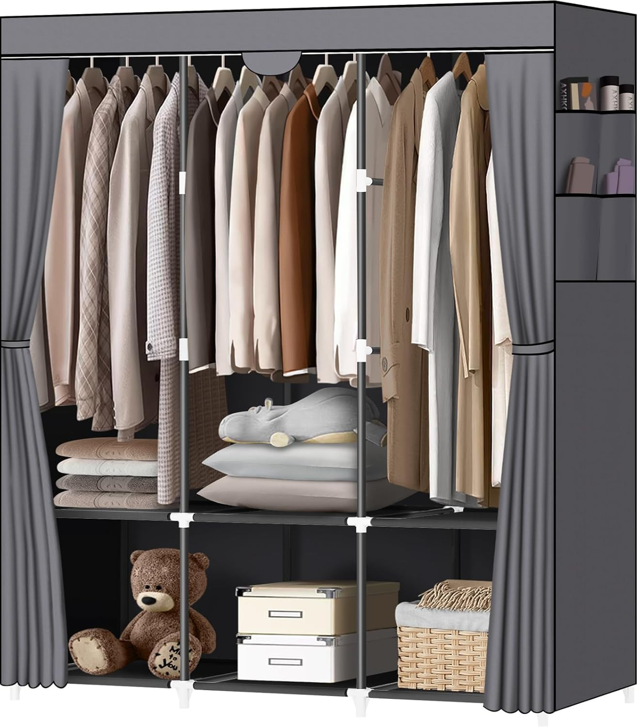 Portable Closet Wardrobe with 3 Hanging Rods 6 Shelves and Side Pockets Grey gallery