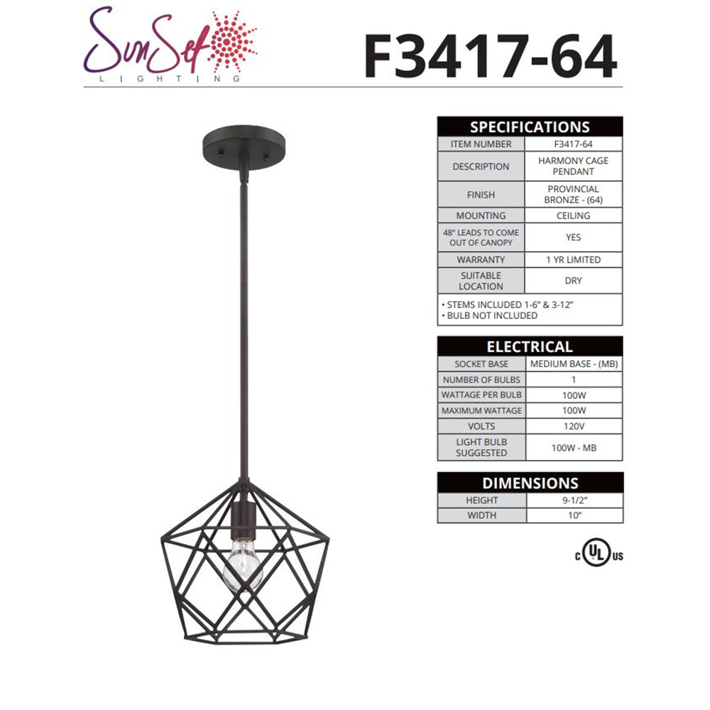 Sunset Lighting 1-Light Cage Harmony Pendant 100W Provincial Bronze Finish F3417 gallery