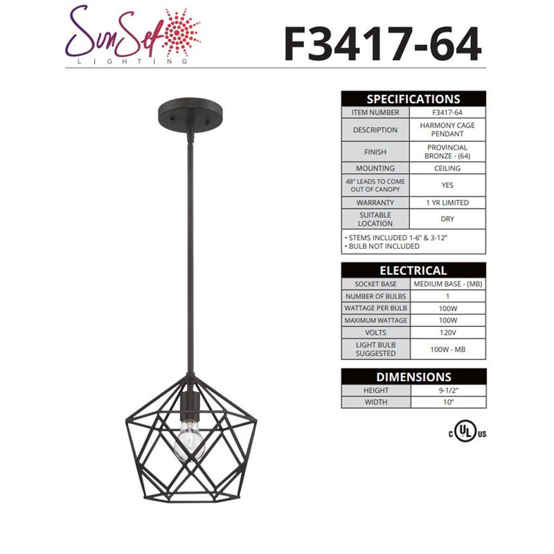 Sunset Lighting 1-Light Cage Harmony Pendant 100W Provincial Bronze Finish F3417 gallery