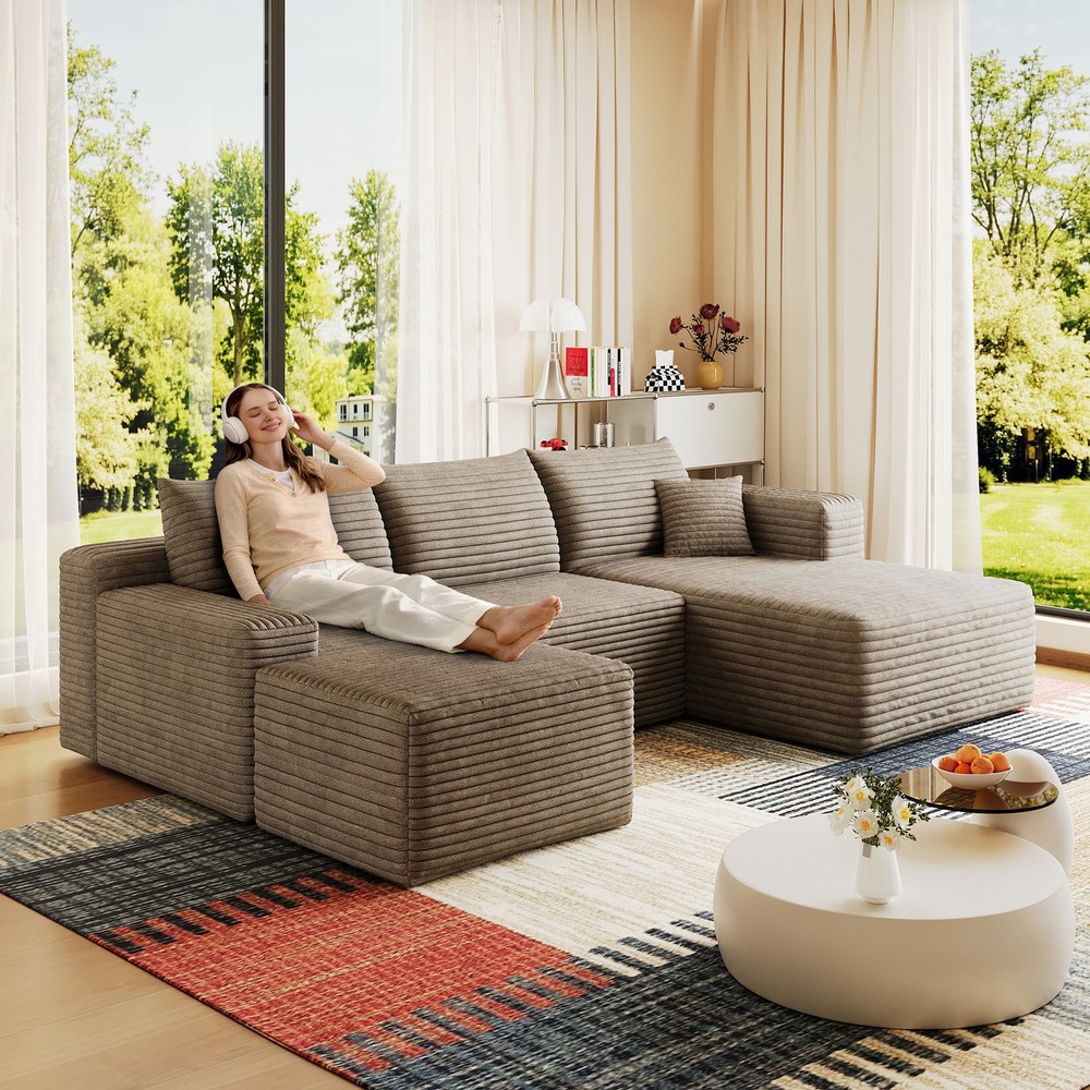 95" Cloud Sectional Sofa with 1 Ottoman,Modern Minimalist Upholstered Couch