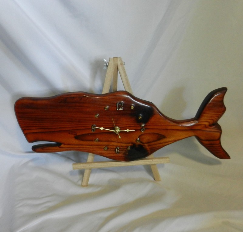 Vintage Handmade, Rustic Varnished Solid Wood Wall Clock Moby Dick Sperm Whale gallery