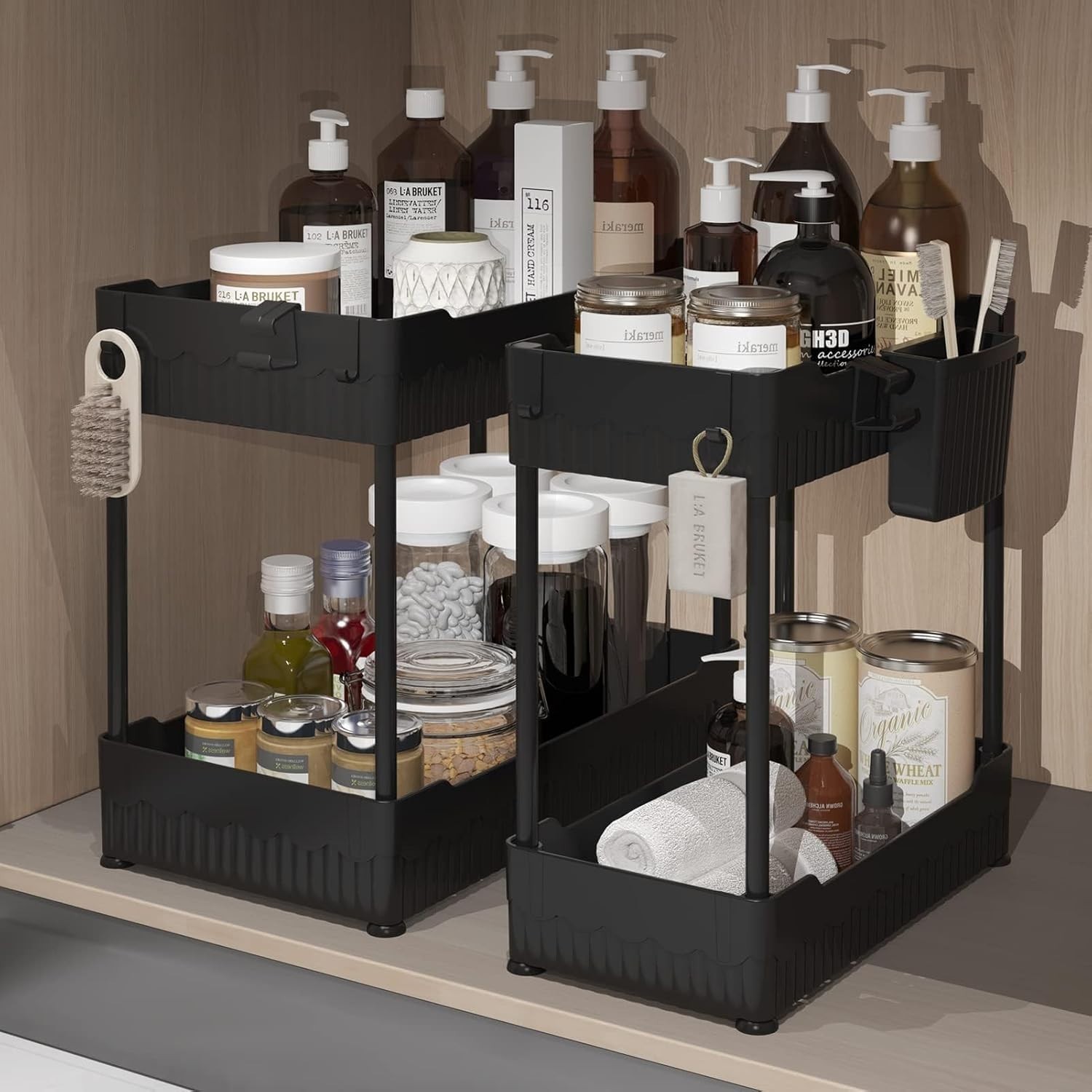 2 Pack Under Sink Organizer – Bathroom & Kitchen Cabinet Storage Rack with Hooks gallery