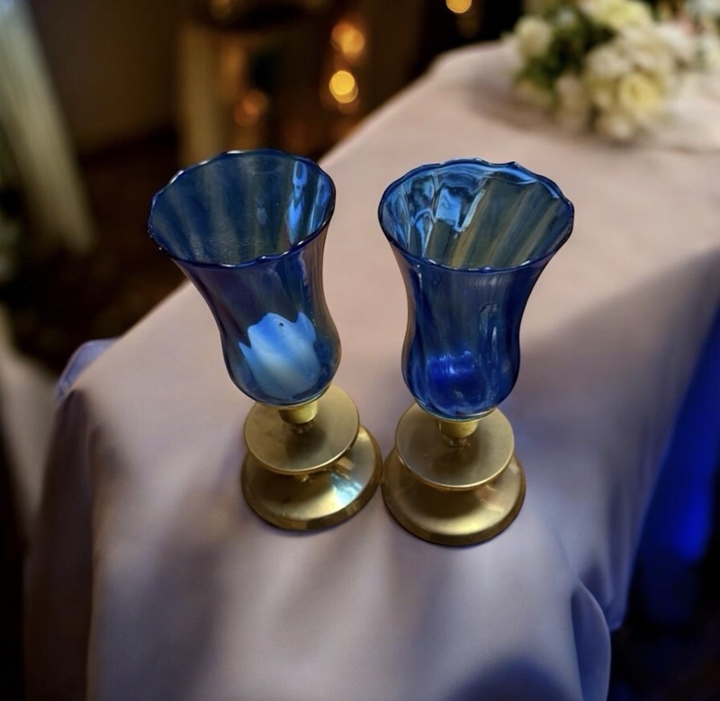 Vintage ~ 2 Candlestick Holders~Cobalt Blue Glass Hurricane Style & Metal~ 1970s gallery