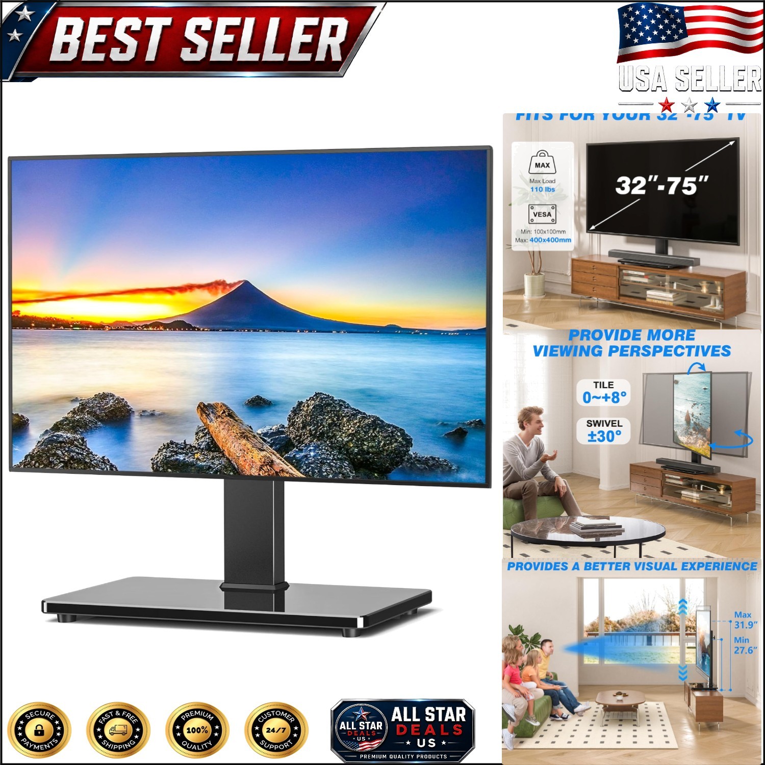 Universal Swivel Stand for 32-75 Inch TVs - Heavy Duty Glass Base - Easy Install gallery