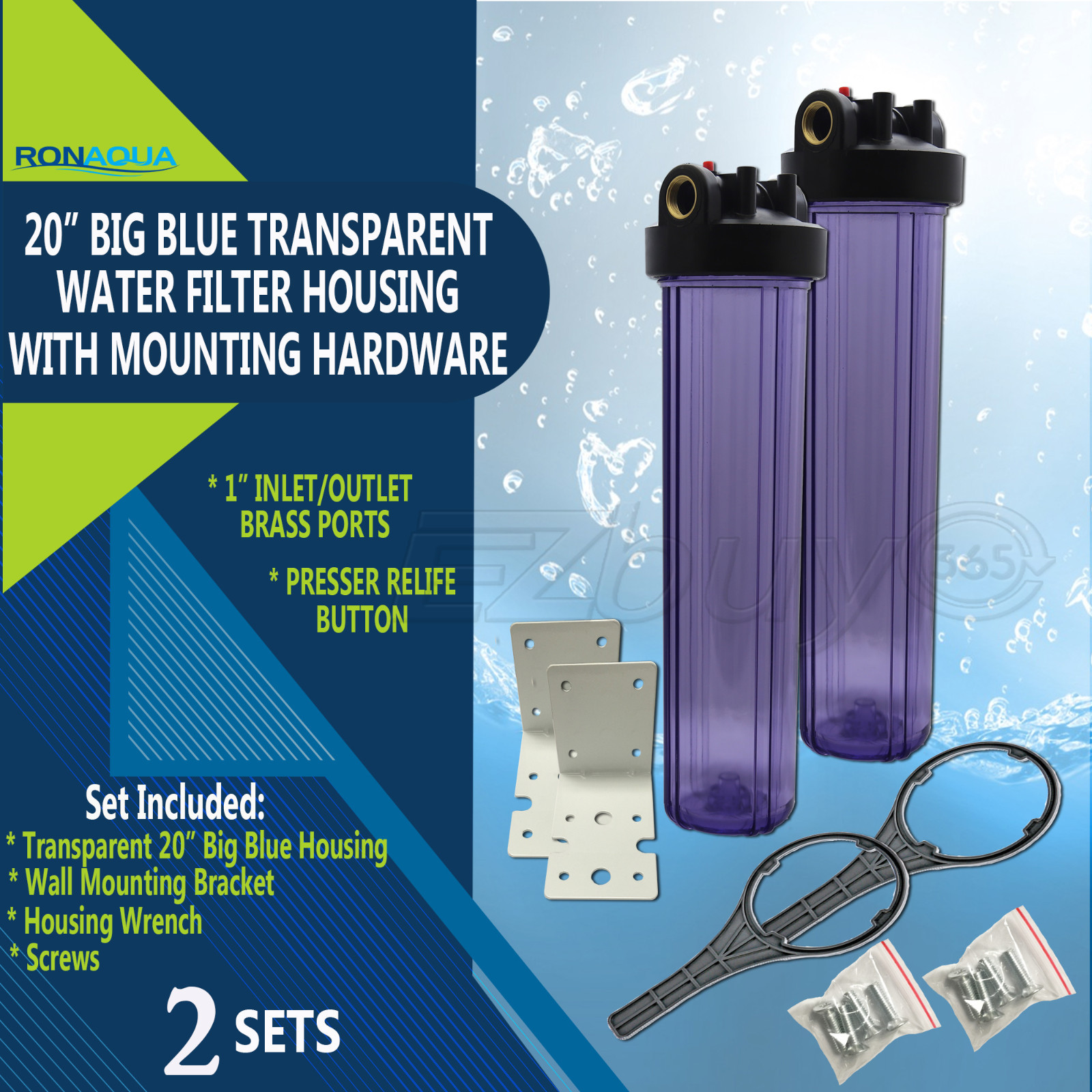 2 Transparent Big Blue Housings 20" for Whole House Water Filtration System. gallery