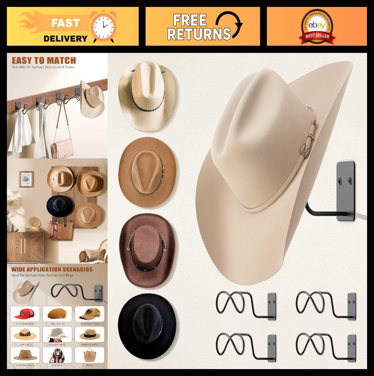 Cowboy Hat Holder Rack (4 Pack) - Wall Mount Metal Organizer for Fedora & Sun Ha gallery