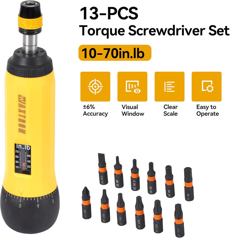 13Pcs Torque Screwdriver Set, 1/4" Adjustable Torque Wrench 10-70 In-Lb, Small P gallery