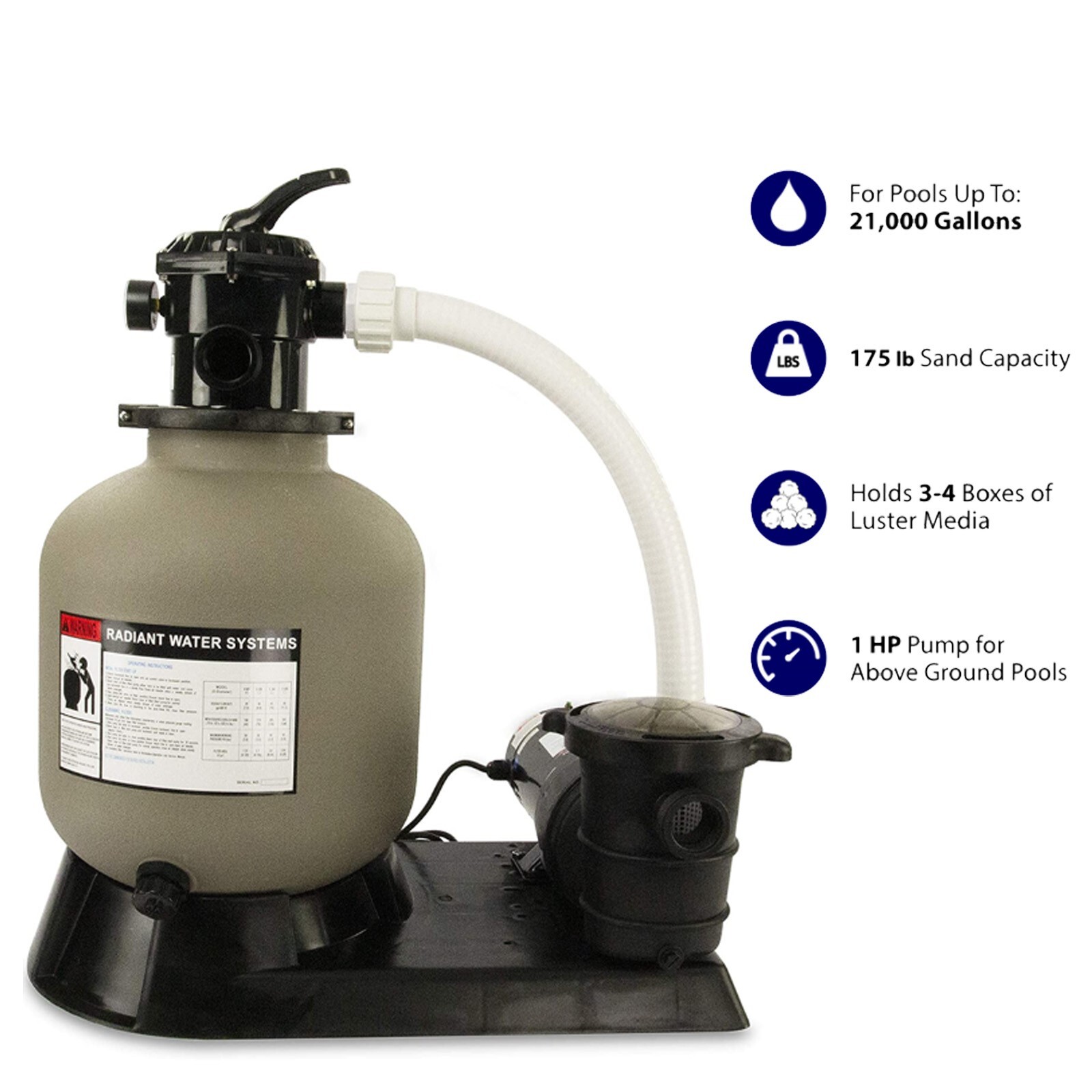 Radiant 19" Above Ground Swimming Pool Sand Filter System Kit with 1 HP Pump gallery