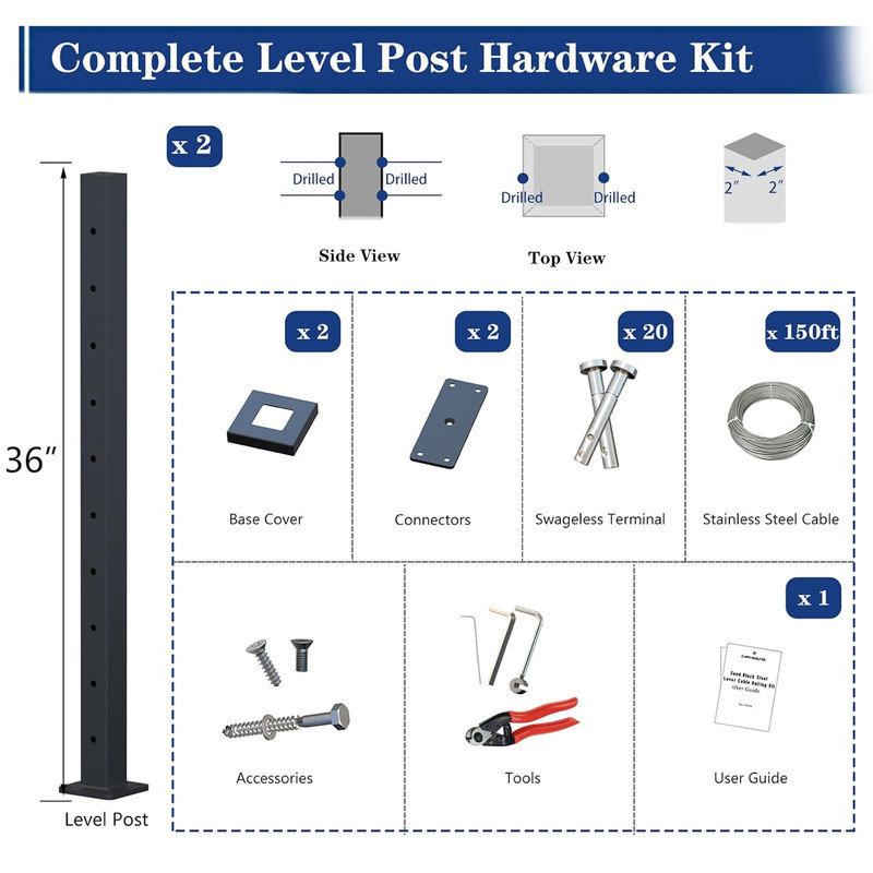 5-10FT Deck Cable Railing Kit, 2 Pack 36" Level Post with 150FT Cable, Swageless gallery
