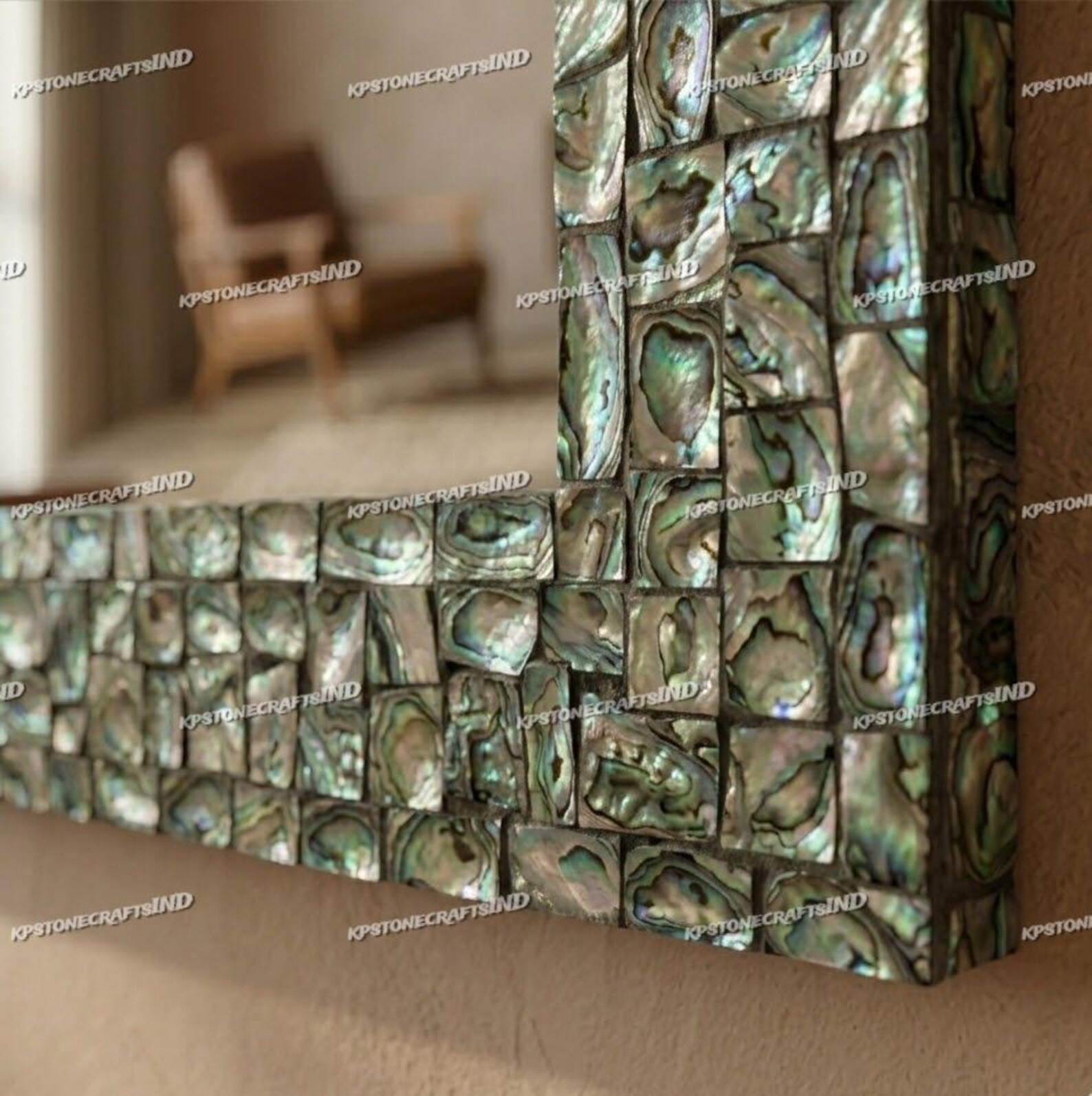 36" Handmade Abalone Shell Mirror Mother of Pearl Inlay Frame Iridescent Mosaic gallery