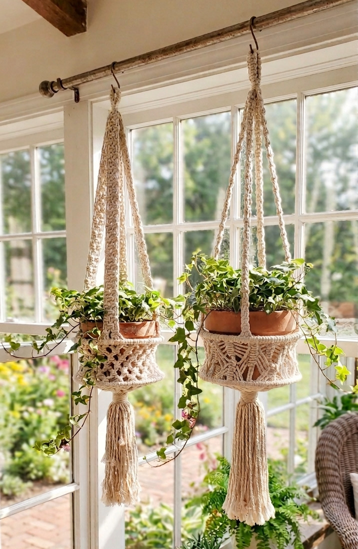 Two (2) Ecru Macrame Plant Hangers - Nice gallery