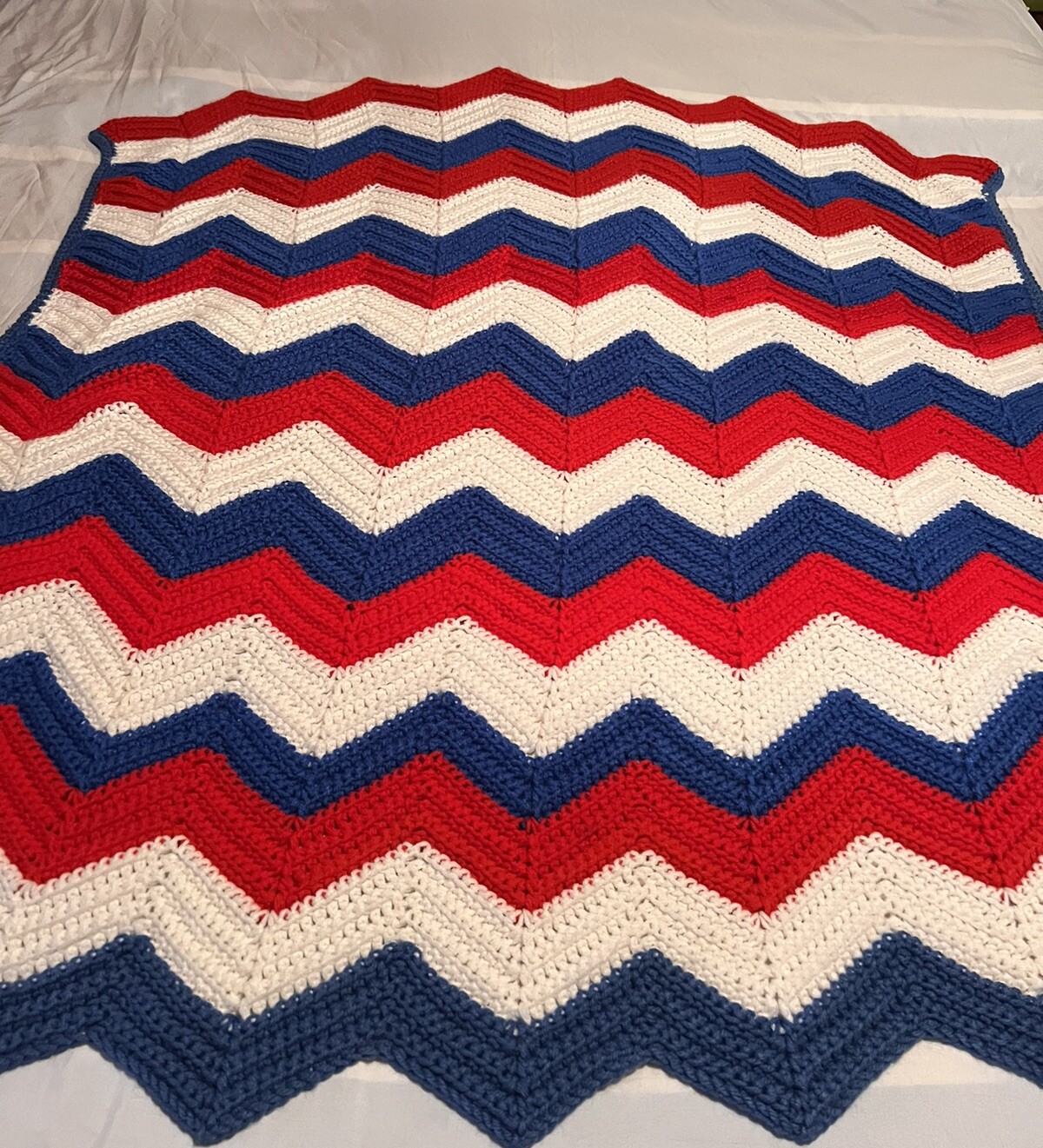 Hand Crocheted Red, White And Blue Striped Afghan 41” X 47” patriotic granny gallery