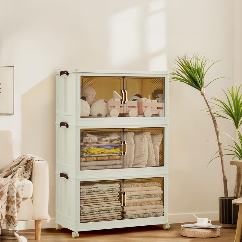 3-Tier 243QT Stackable Storage Bins Fold Storage Box w/ Magnetic Doors & Wheels gallery